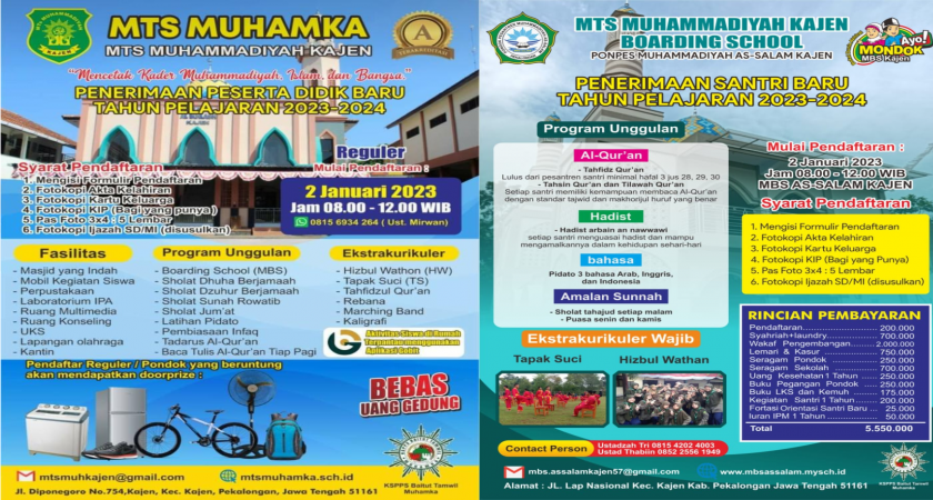 MTs MUHAMMADIYAH KAJEN MEMBUKA PENERIMAAN PESERTA DIDIK BARU DAN SANTRI BARU TAHUN PELAJARAN 2023/2024